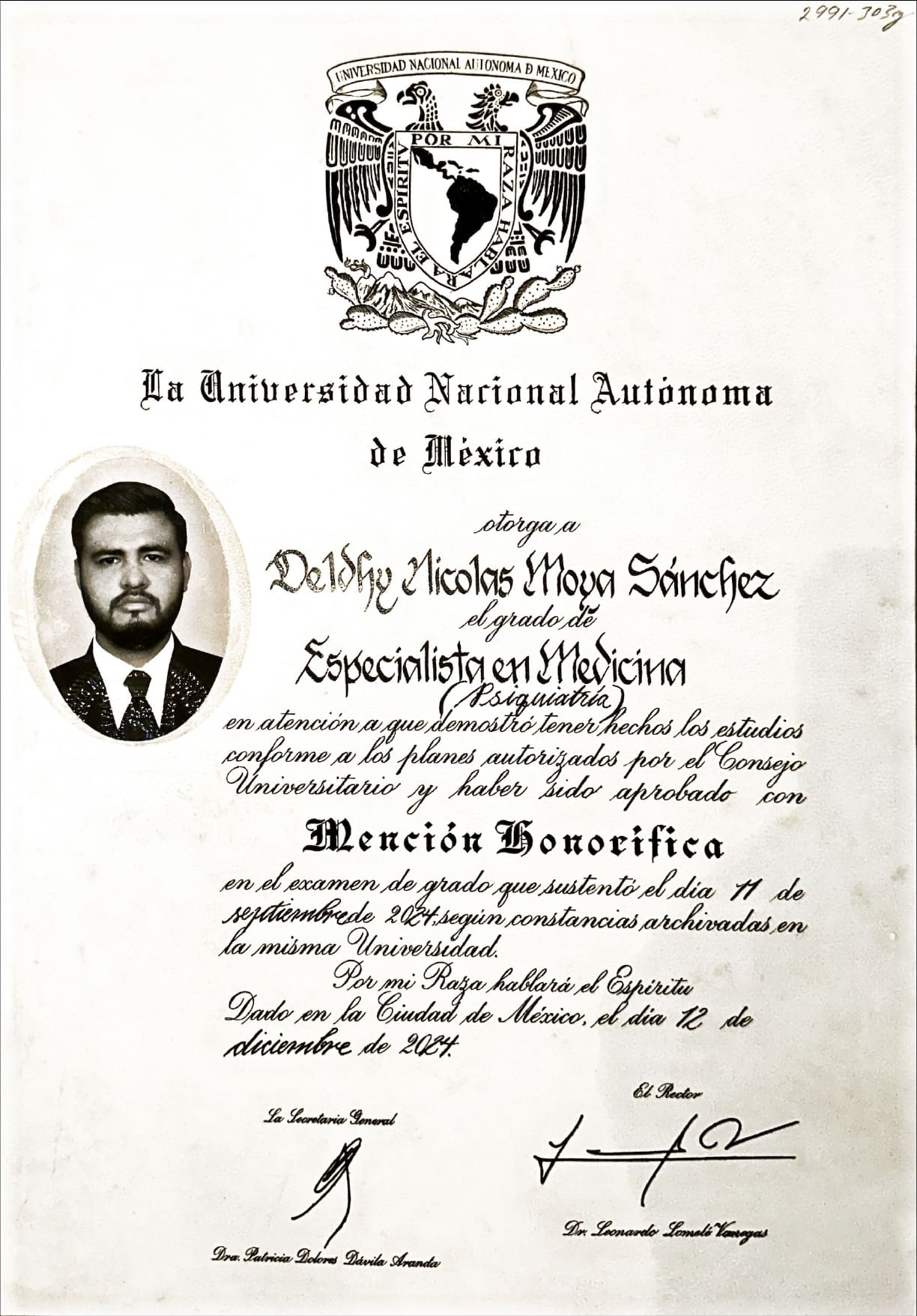 Psychiatry degree UNAM honors